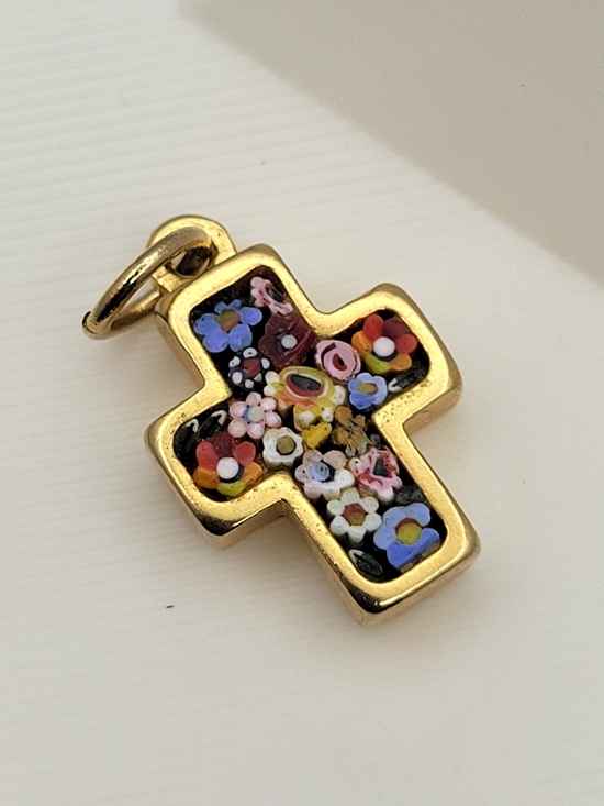Jewelry - Gold Tone Micro Mosaic Glass Inlay Marked Italy Gold Tone Cross Pendant